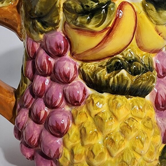 Vintage Ceramic Pitcher With Embossed Fruits Grapes Pineapple Apple Design - Picture 8 of 12